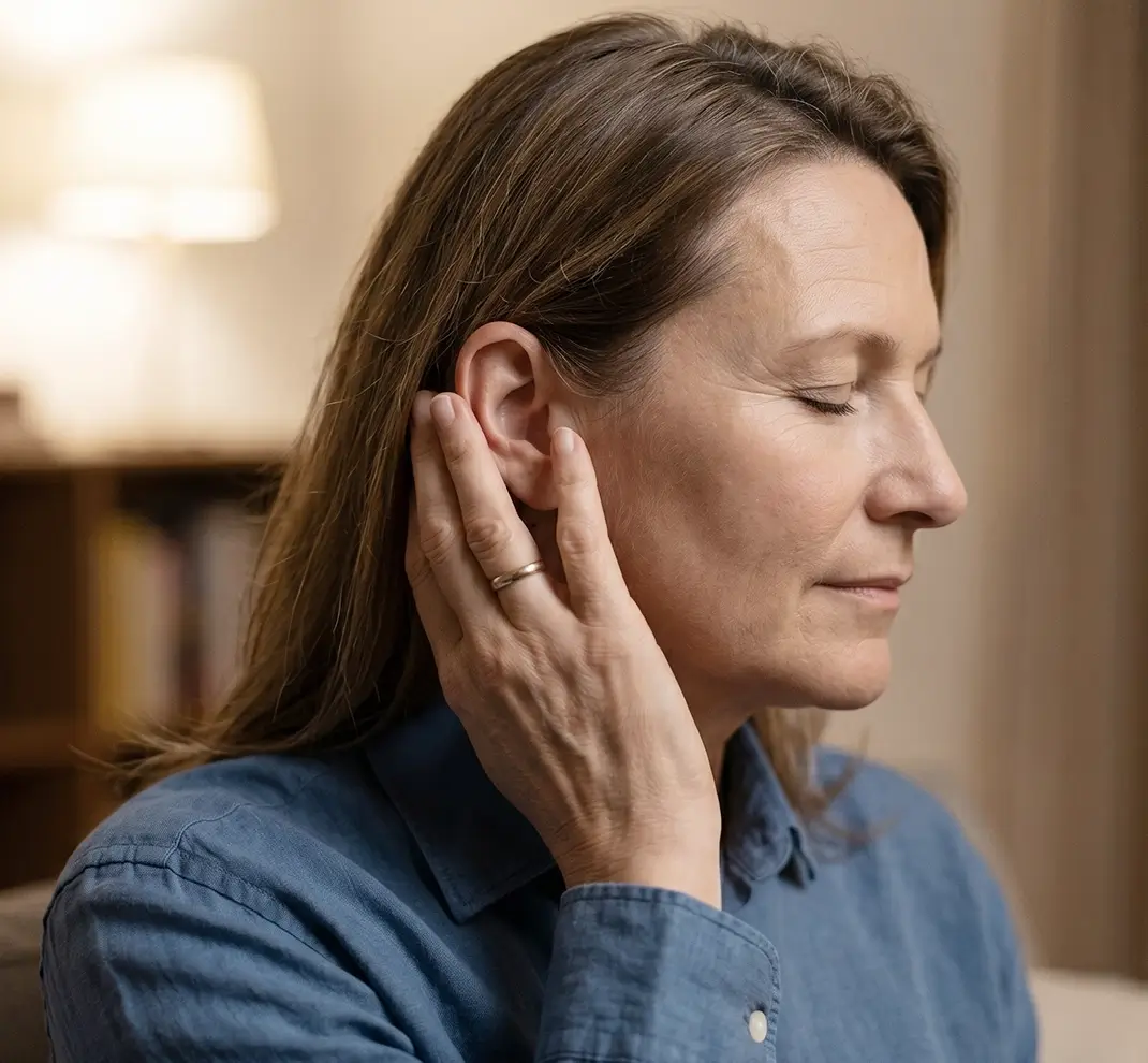 Eine Frau im Profil hält sich mit geschlossenen Augen die Hand an das rechte Ohr – symbolisch für Ohrenschmerzen, Tinnitus und Hörsturz.