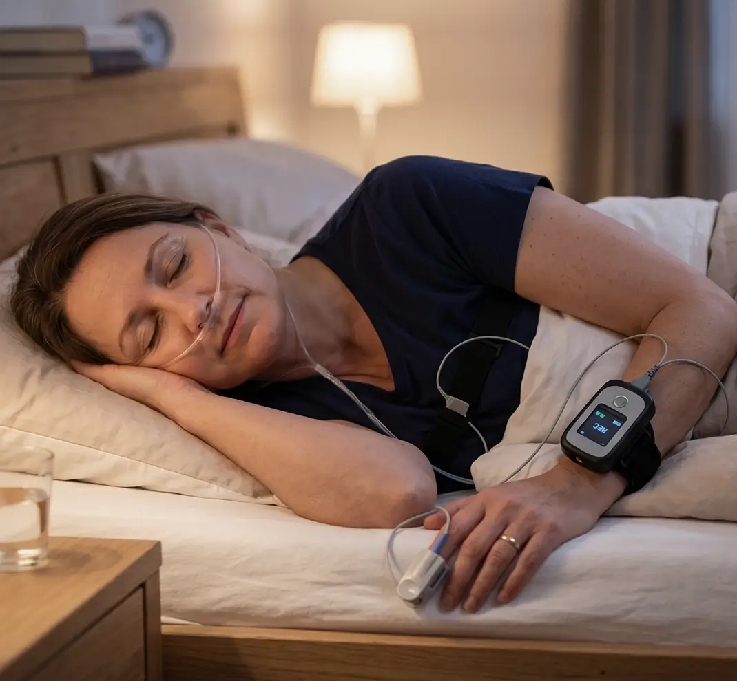 Ambulante Schlafapnoe-Untersuchung (Polygrafie) bei einer Patientin im eigenen Bett zur Diagnose von Schlafstörungen und Schnarchen.