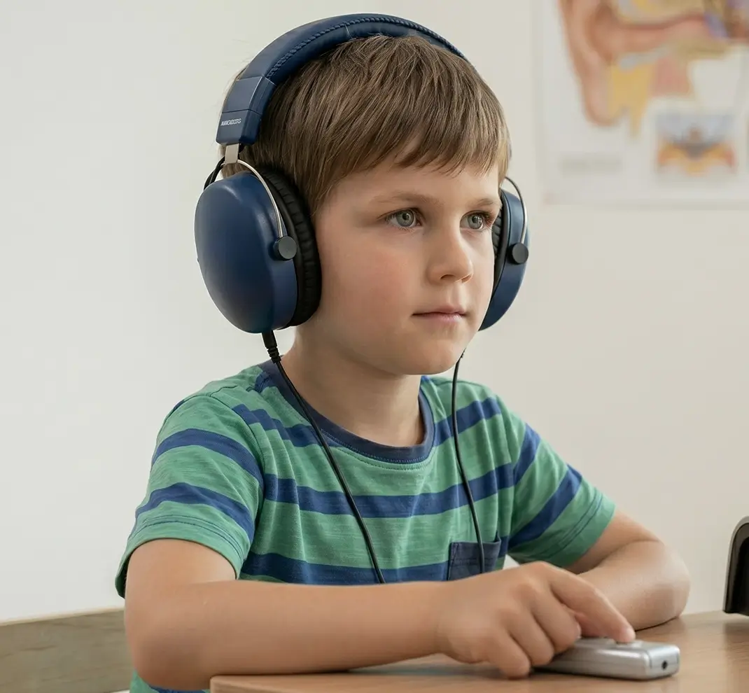 Kinderaudiometrie in der HNO-Praxis Festner: Ein kleiner Junge mit großen blauen Kopfhörern macht aufmerksam einen Hörtest.