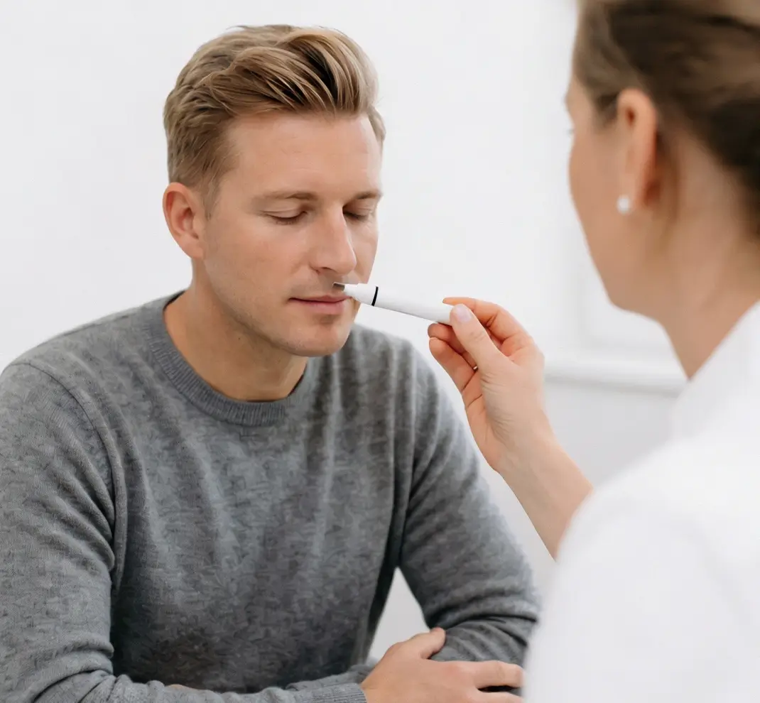 Untersuchung des Geruchssinns: Ein junger Mann macht einen medizinischen Riechtest mit einem Teststift